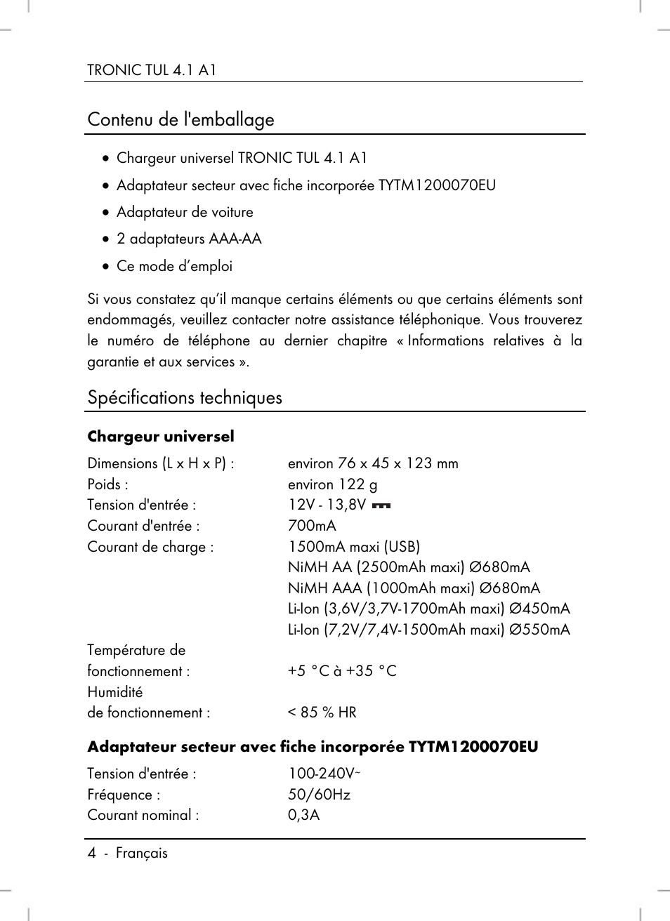 Contenu de l'emballage, Spécifications techniques | Tronic TUL 4.1 A1 User Manual | Page 6 / 66