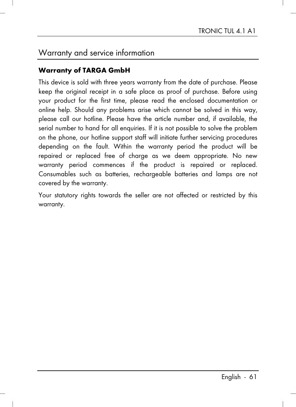 Warranty and service information | Tronic TUL 4.1 A1 User Manual | Page 63 / 66