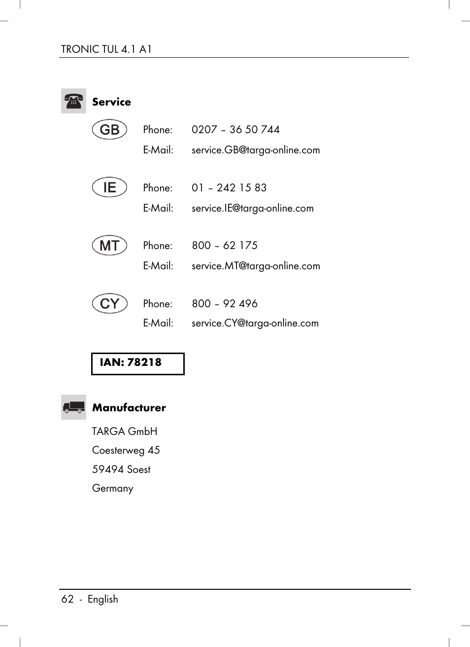 Tronic TUL 4.1 A1 User Manual | Page 64 / 66