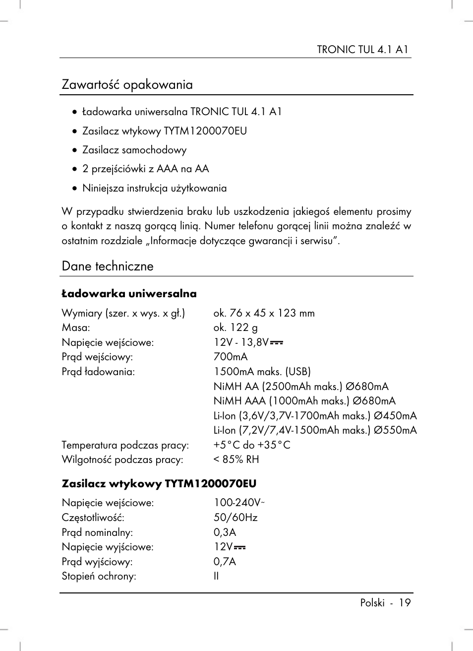 Zawartość opakowania, Dane techniczne | Tronic TUL 4.1 A1 User Manual | Page 21 / 80