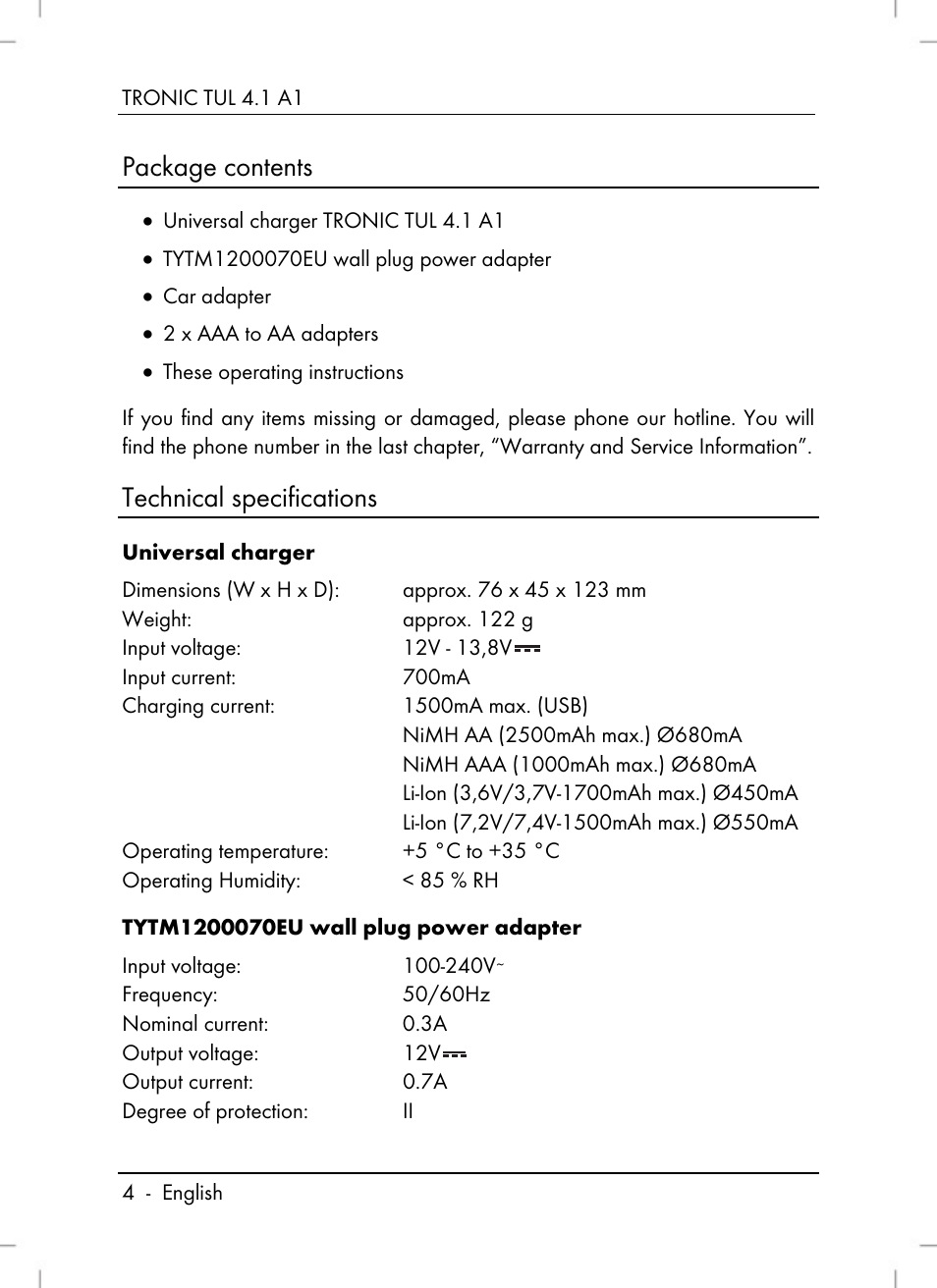 Package contents, Technical specifications | Tronic TUL 4.1 A1 User Manual | Page 6 / 80