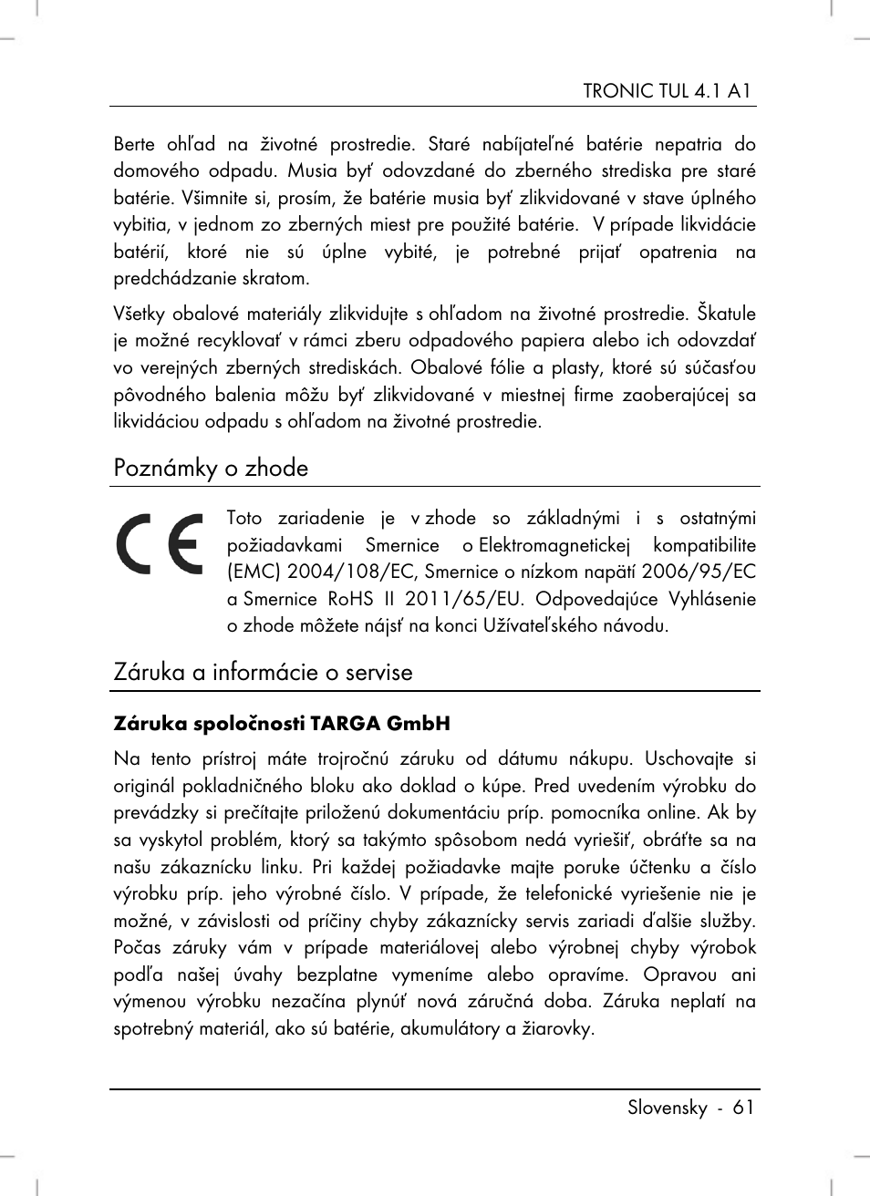 Poznámky o zhode, Záruka a informácie o servise | Tronic TUL 4.1 A1 User Manual | Page 63 / 80