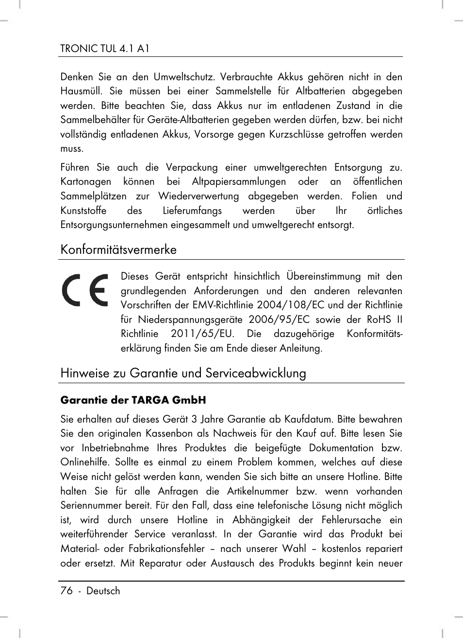 Konformitätsvermerke, Hinweise zu garantie und serviceabwicklung | Tronic TUL 4.1 A1 User Manual | Page 78 / 80