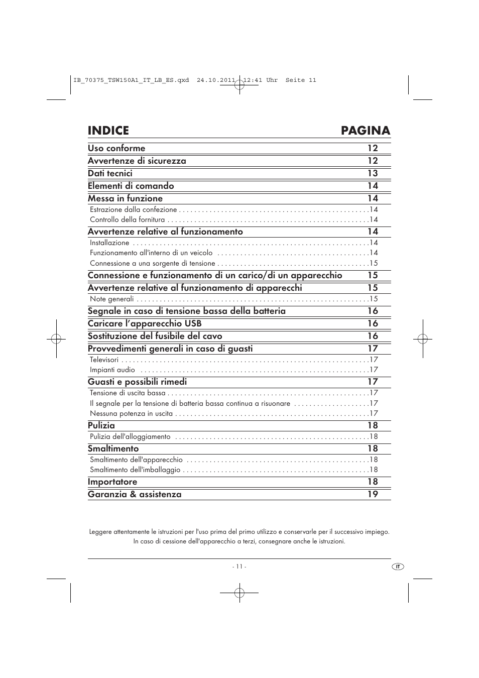 Indice pagina | Tronic TSW 150 A1 User Manual | Page 13 / 52