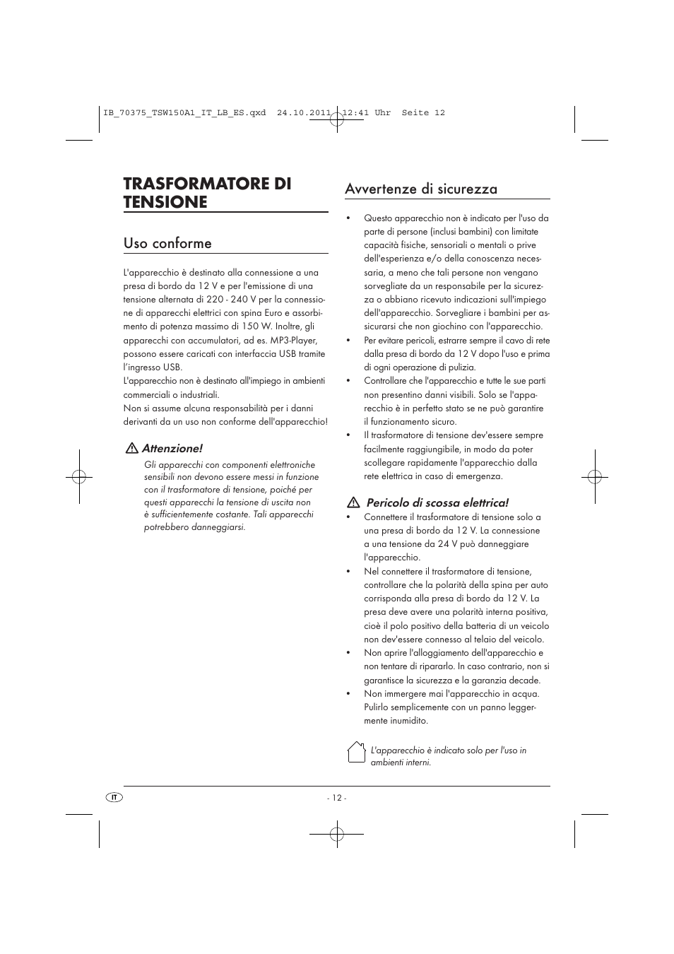 Trasformatore di tensione, Uso conforme, Avvertenze di sicurezza | Tronic TSW 150 A1 User Manual | Page 14 / 52