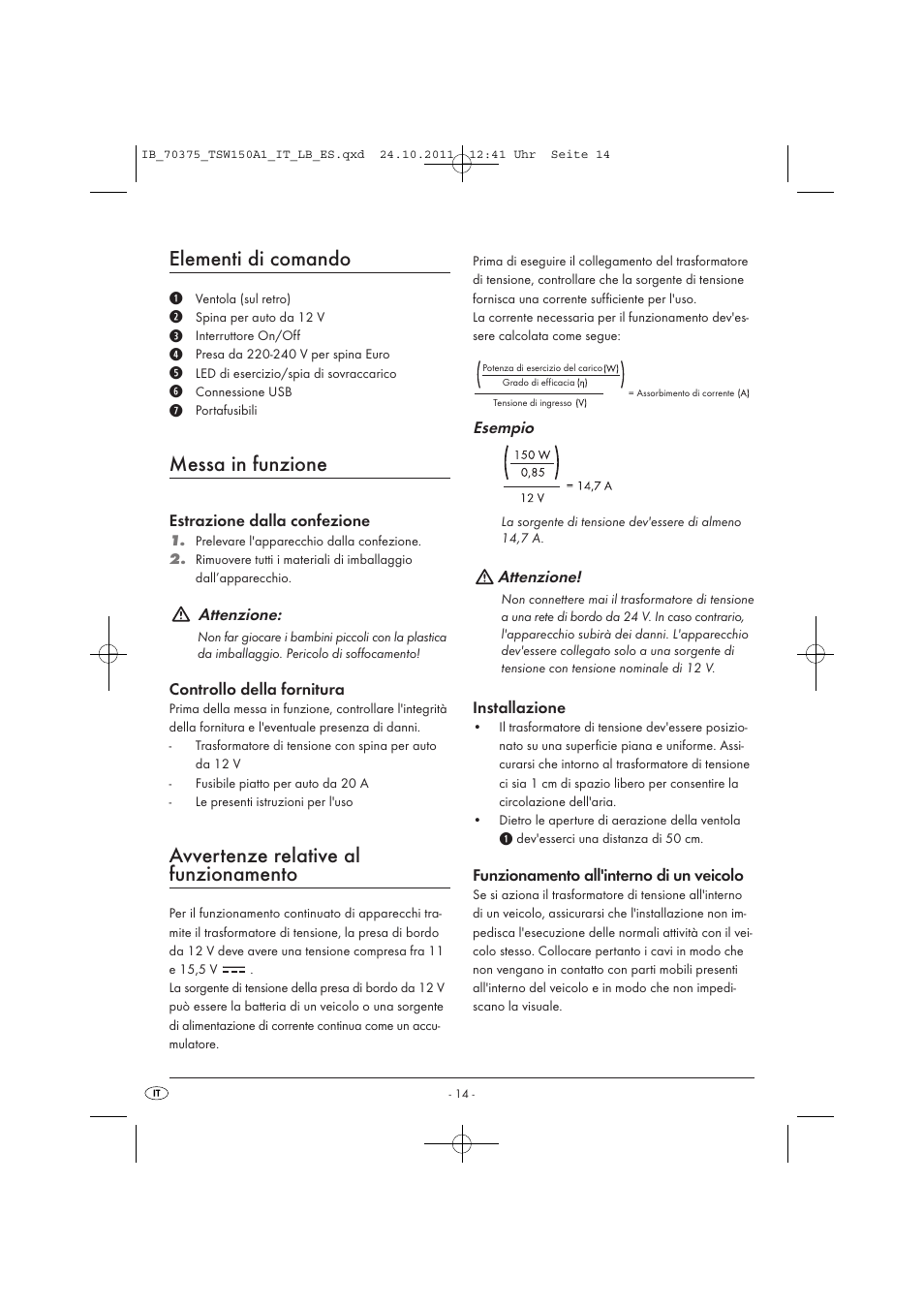 Elementi di comando, Messa in funzione, Avvertenze relative al funzionamento | Tronic TSW 150 A1 User Manual | Page 16 / 52