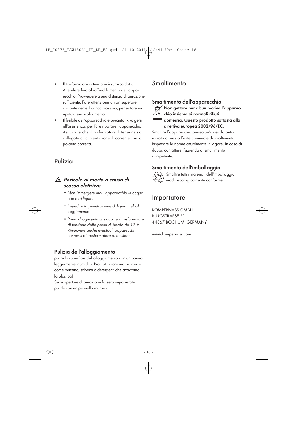 Pulizia, Smaltimento, Importatore | Tronic TSW 150 A1 User Manual | Page 20 / 52