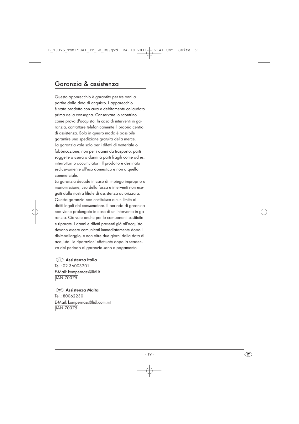 Garanzia & assistenza | Tronic TSW 150 A1 User Manual | Page 21 / 52