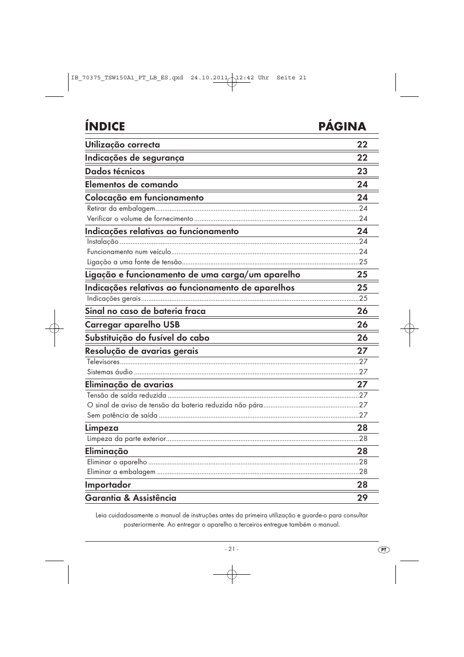 Índice página | Tronic TSW 150 A1 User Manual | Page 23 / 52