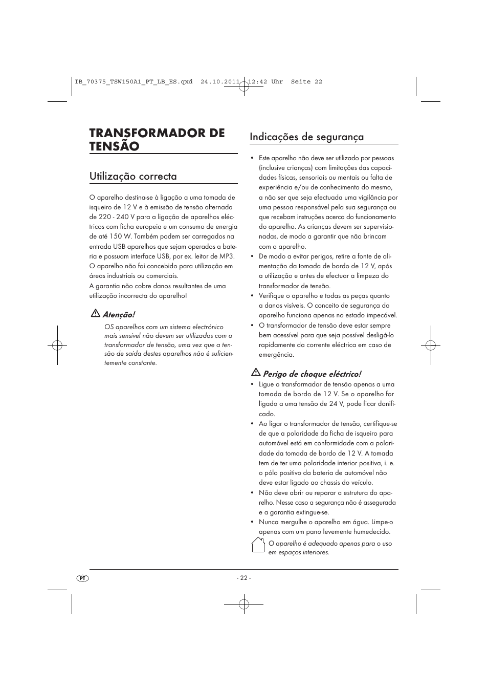 Transformador de tensão, Utilização correcta, Indicações de segurança | Tronic TSW 150 A1 User Manual | Page 24 / 52