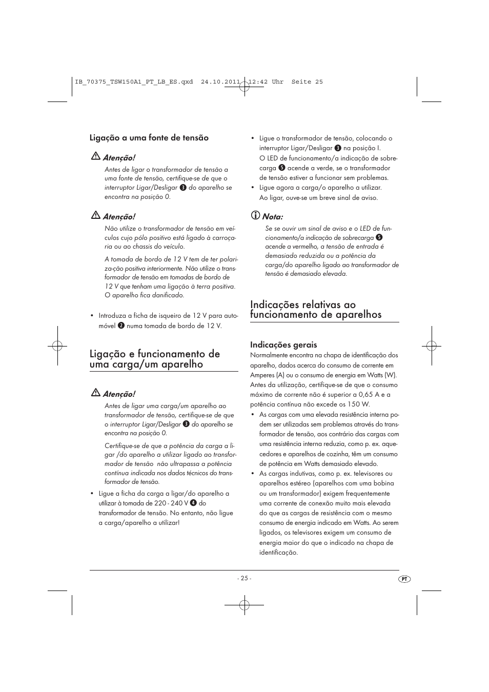 Ligação e funcionamento de uma carga/um aparelho, Indicações relativas ao funcionamento de aparelhos | Tronic TSW 150 A1 User Manual | Page 27 / 52