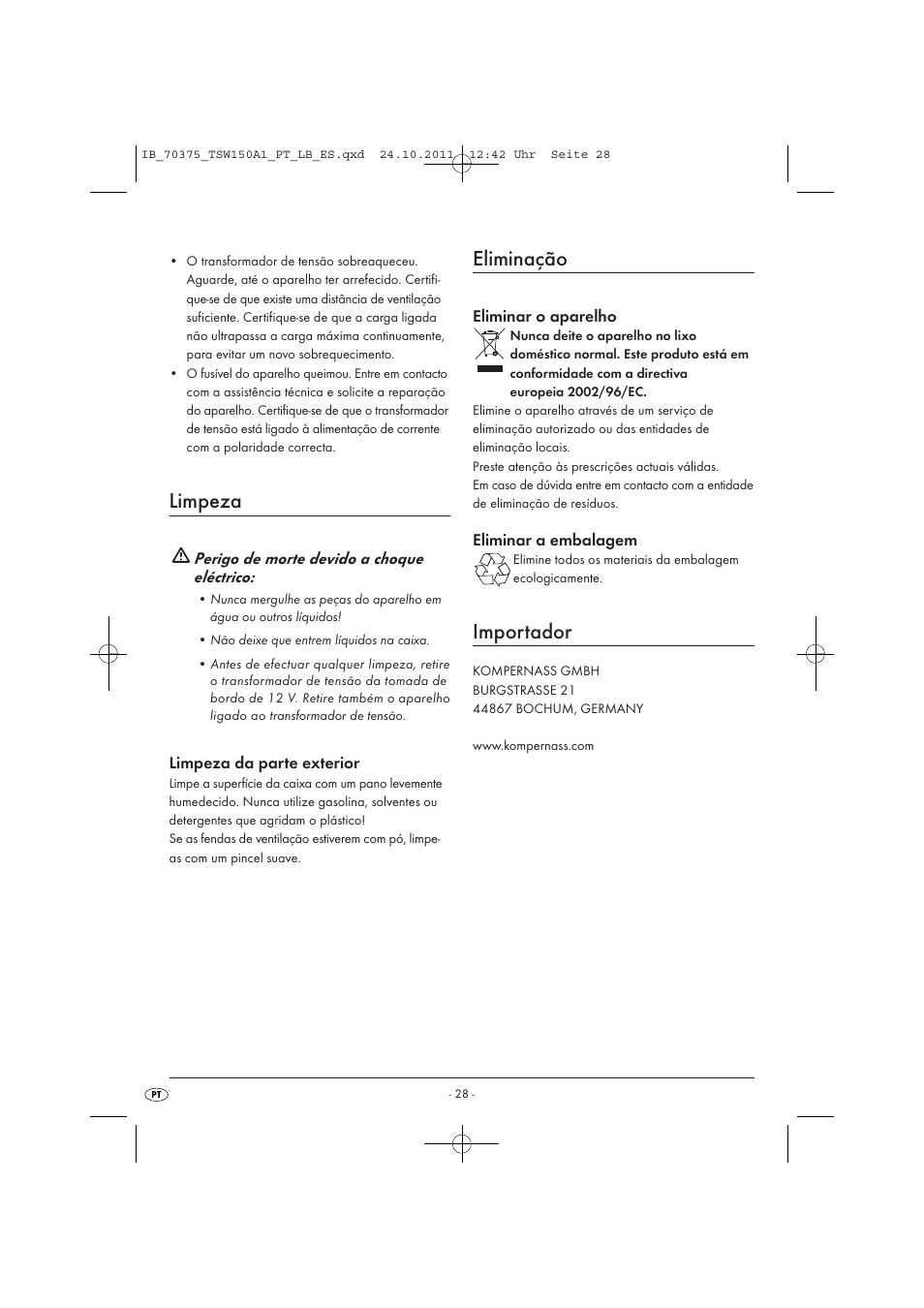 Limpeza, Eliminação, Importador | Tronic TSW 150 A1 User Manual | Page 30 / 52