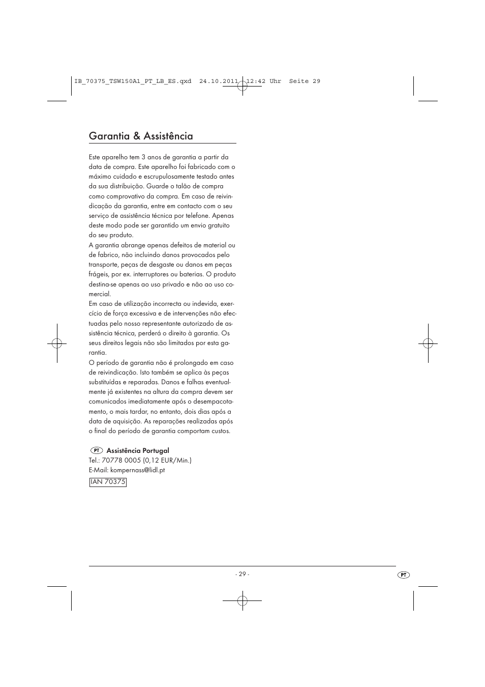Garantia & assistência | Tronic TSW 150 A1 User Manual | Page 31 / 52
