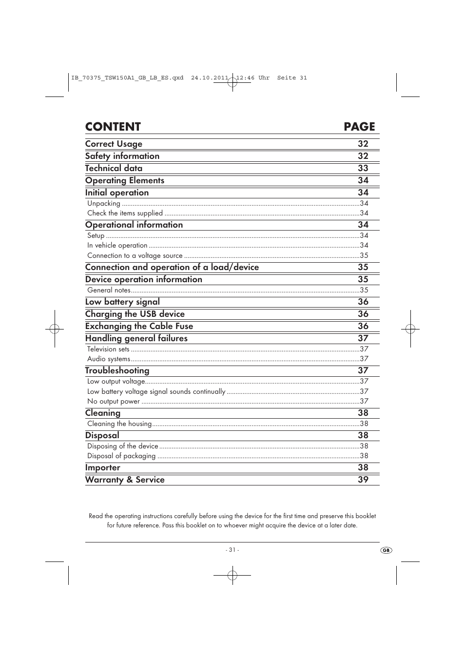 Content page | Tronic TSW 150 A1 User Manual | Page 33 / 52