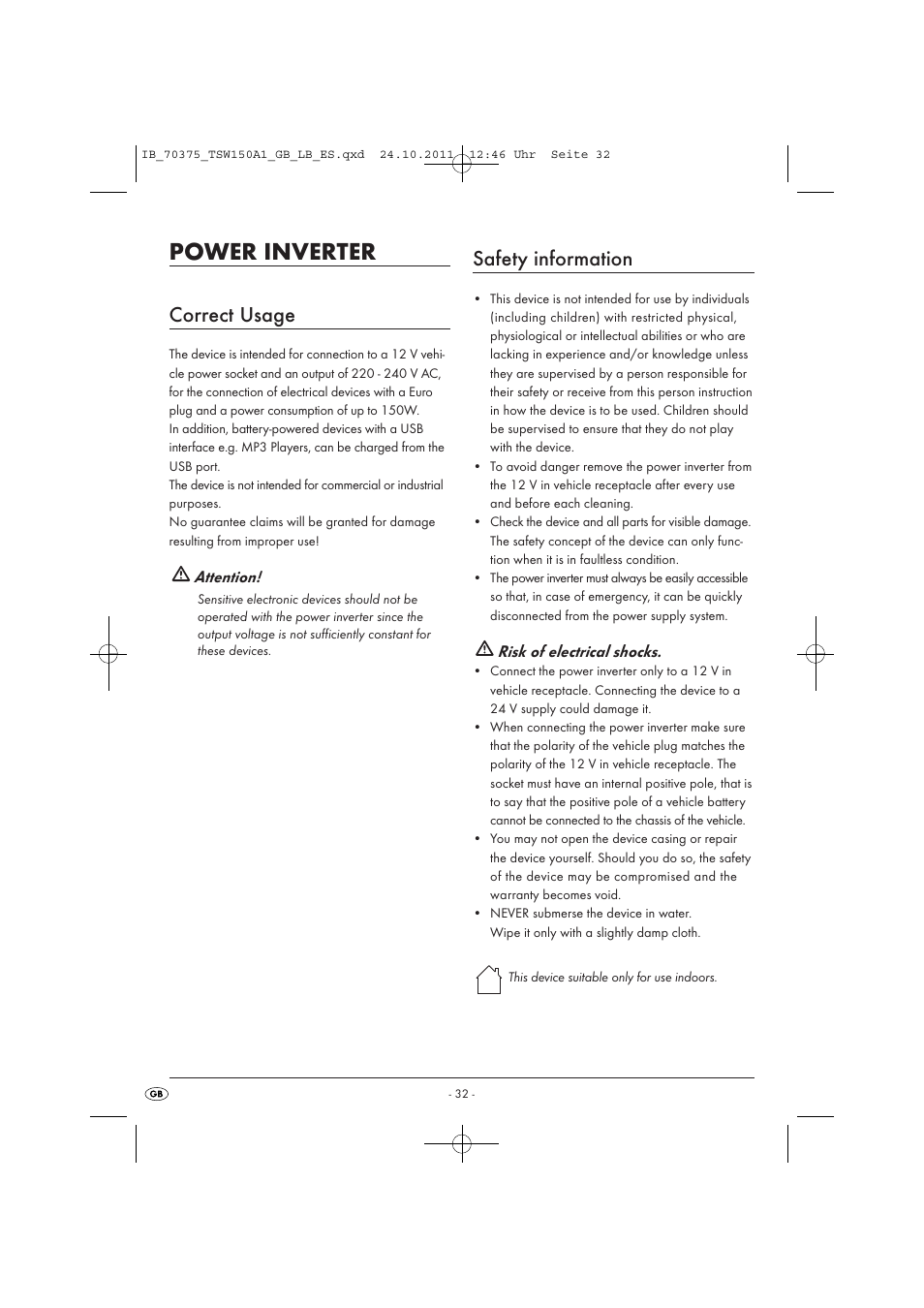 Power inverter, Correct usage, Safety information | Tronic TSW 150 A1 User Manual | Page 34 / 52