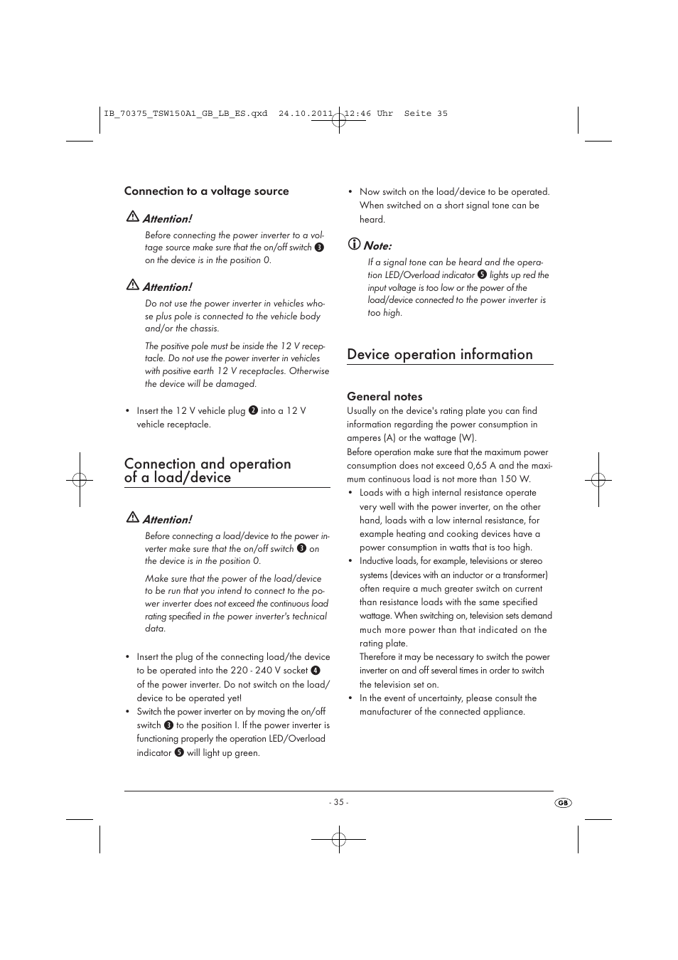 Connection and operation of a load/device, Device operation information | Tronic TSW 150 A1 User Manual | Page 37 / 52