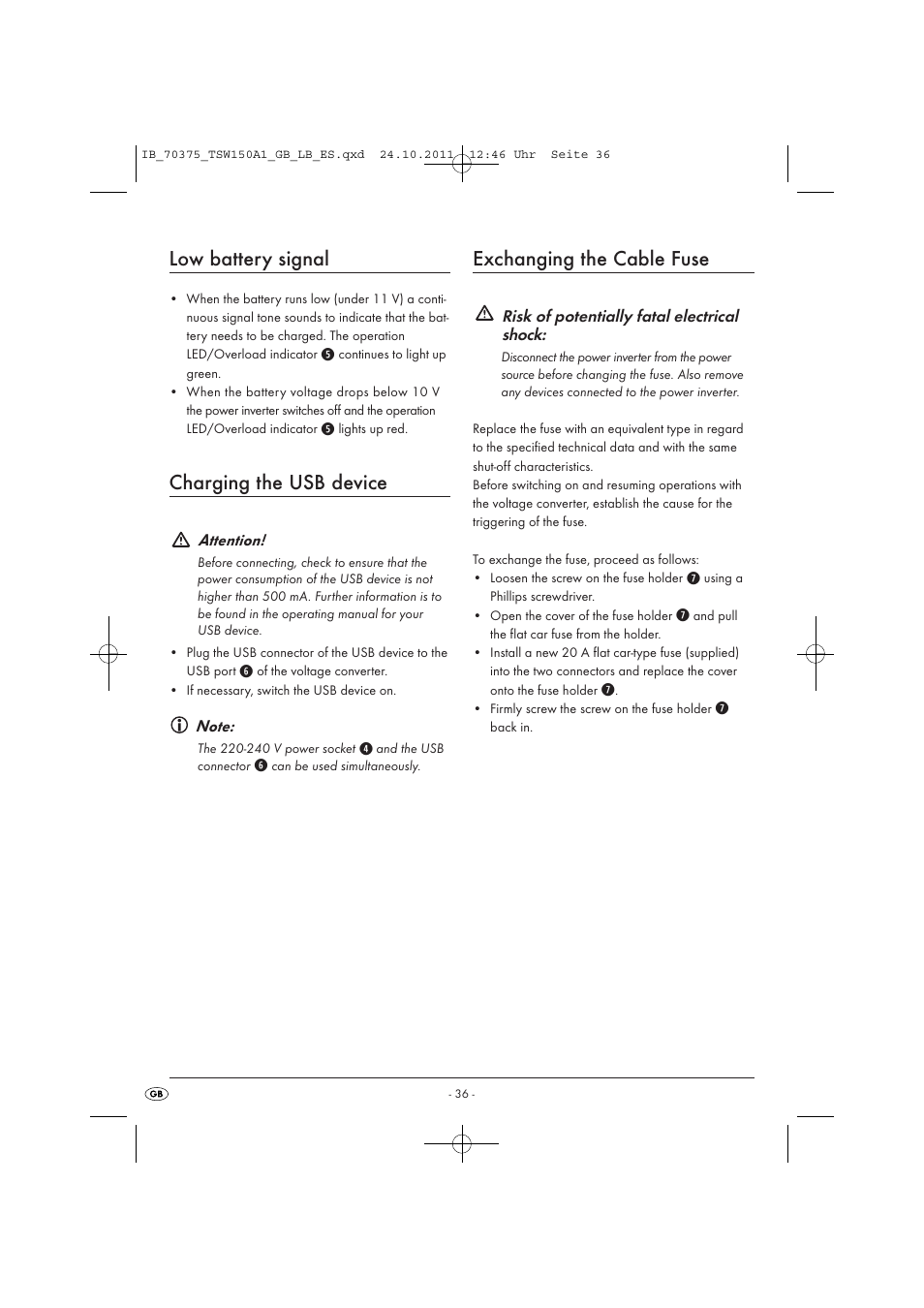 Low battery signal, Charging the usb device, Exchanging the cable fuse | Tronic TSW 150 A1 User Manual | Page 38 / 52