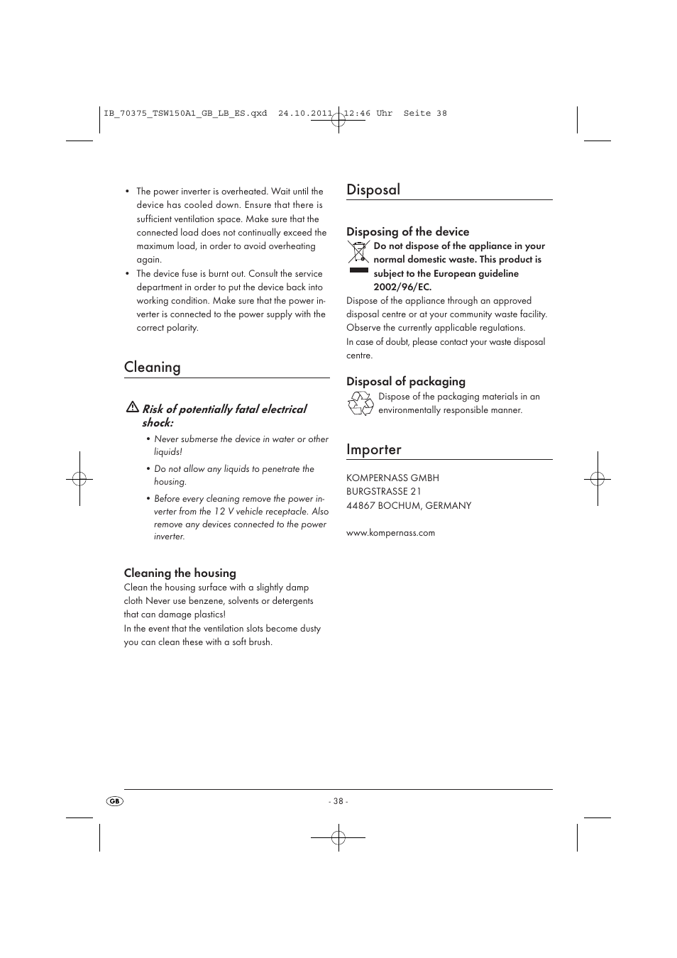 Cleaning, Disposal, Importer | Tronic TSW 150 A1 User Manual | Page 40 / 52