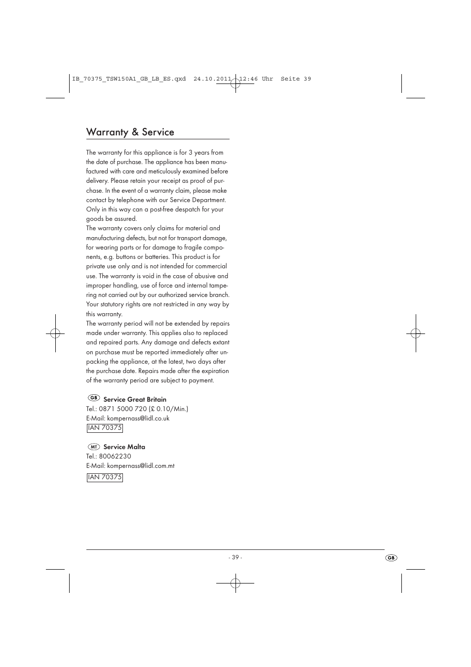 Warranty & service | Tronic TSW 150 A1 User Manual | Page 41 / 52