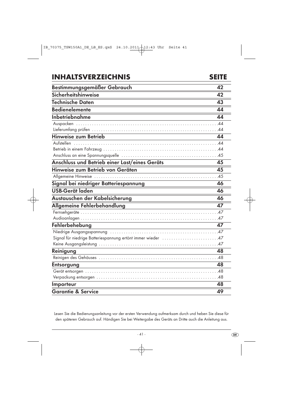 Inhaltsverzeichnis seite | Tronic TSW 150 A1 User Manual | Page 43 / 52