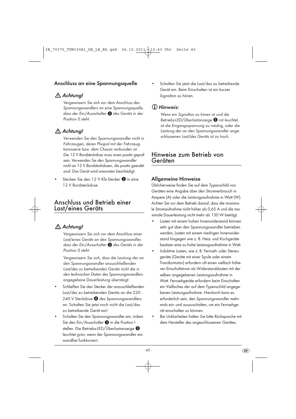 Anschluss und betrieb einer last/eines geräts, Hinweise zum betrieb von geräten | Tronic TSW 150 A1 User Manual | Page 47 / 52