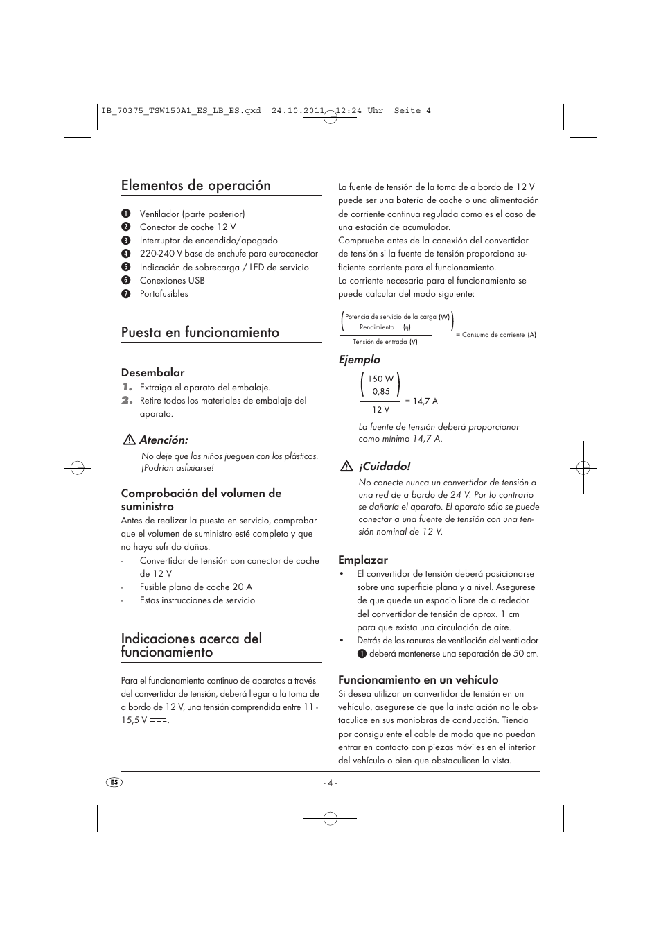 Elementos de operación, Puesta en funcionamiento, Indicaciones acerca del funcionamiento | Tronic TSW 150 A1 User Manual | Page 6 / 52