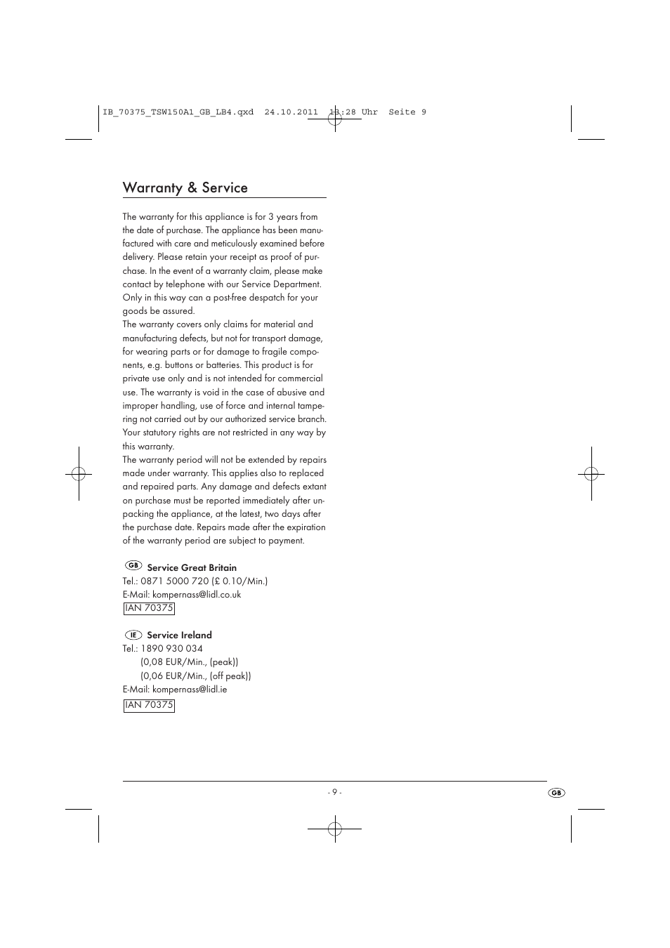 Warranty & service | Tronic TSW 150 A1 User Manual | Page 11 / 72