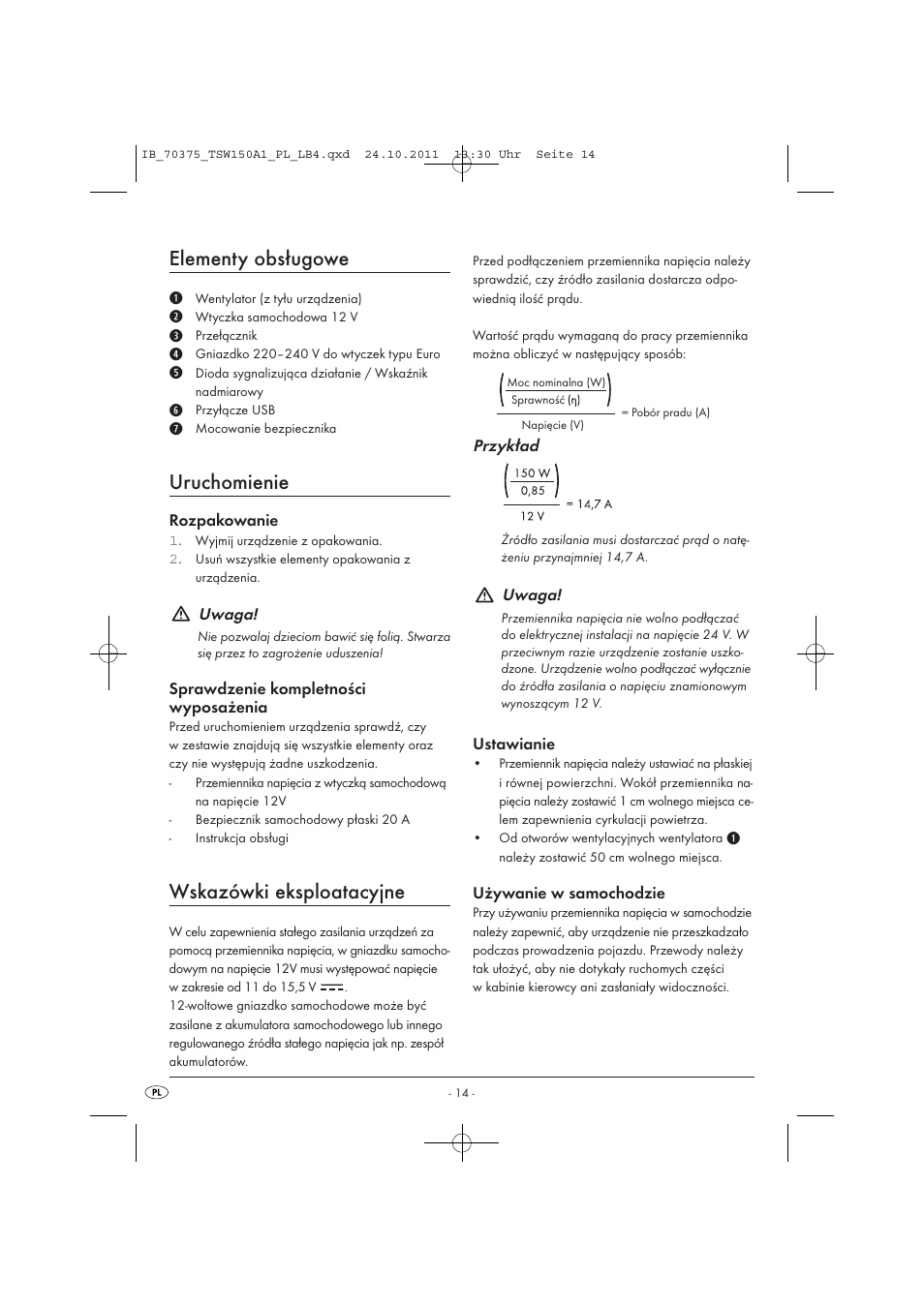 Elementy obsługowe, Uruchomienie, Wskazówki eksploatacyjne | Tronic TSW 150 A1 User Manual | Page 16 / 72