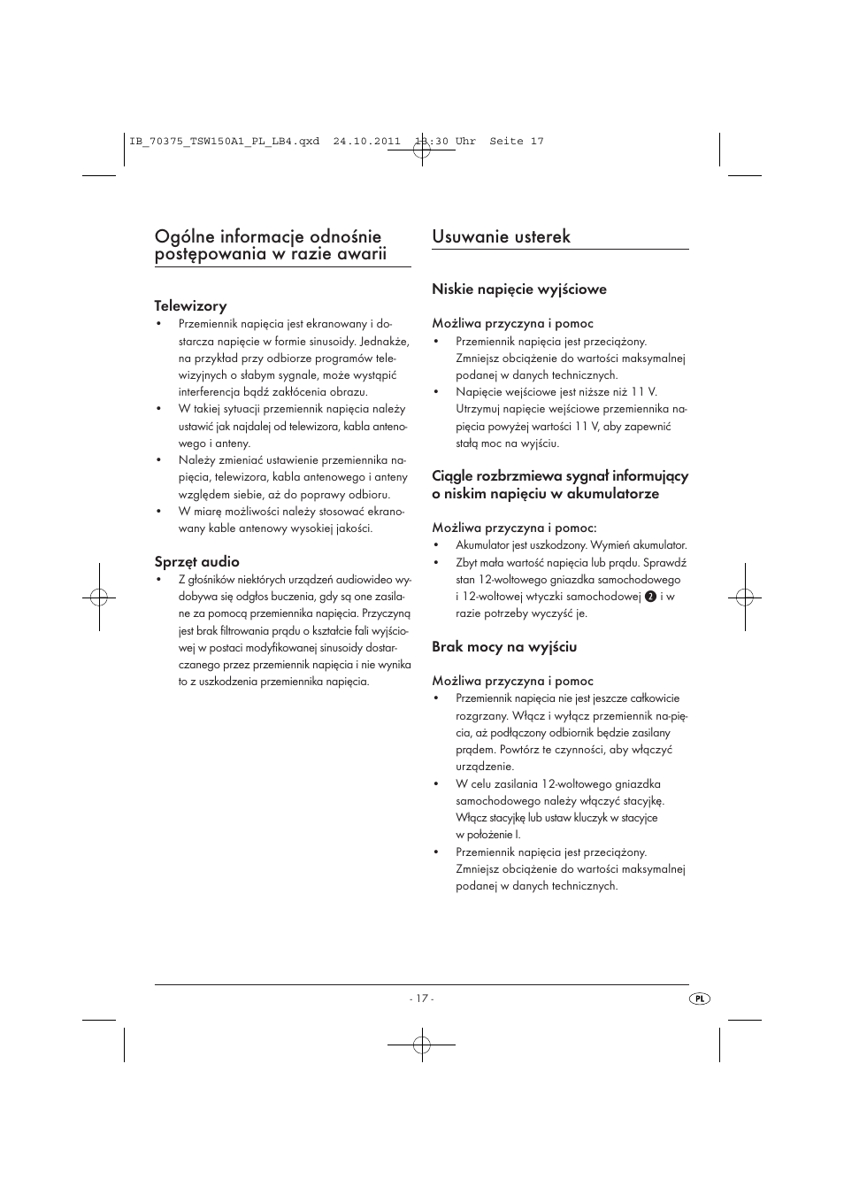 Usuwanie usterek | Tronic TSW 150 A1 User Manual | Page 19 / 72