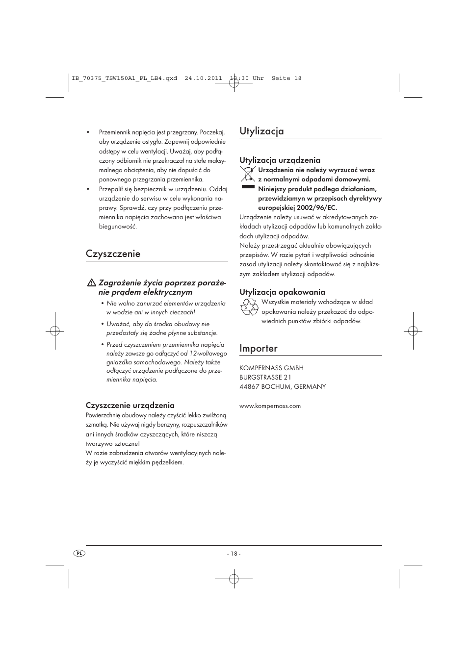 Czyszczenie, Utylizacja, Importer | Tronic TSW 150 A1 User Manual | Page 20 / 72