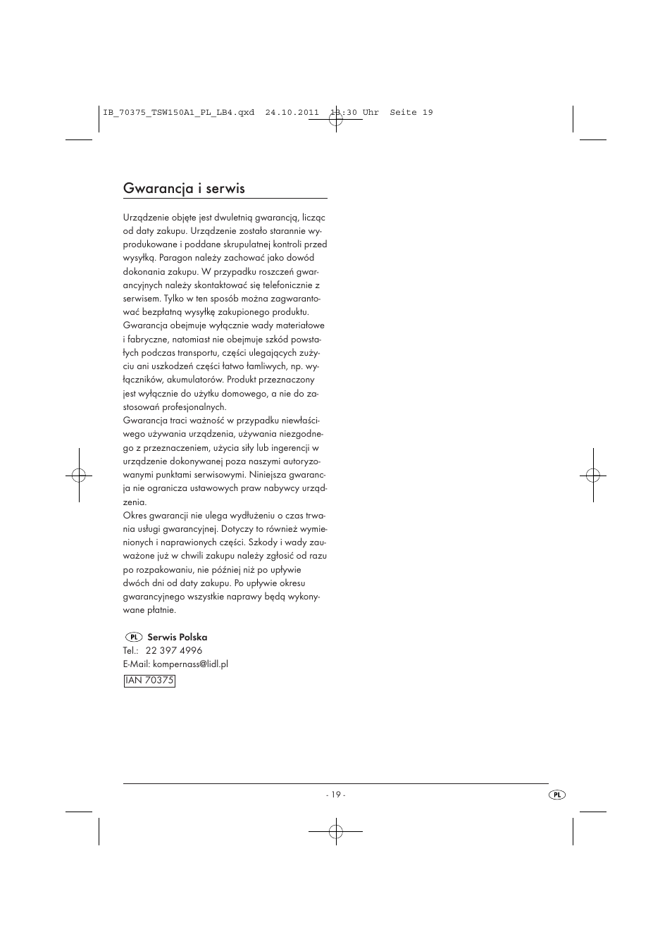 Gwarancja i serwis | Tronic TSW 150 A1 User Manual | Page 21 / 72