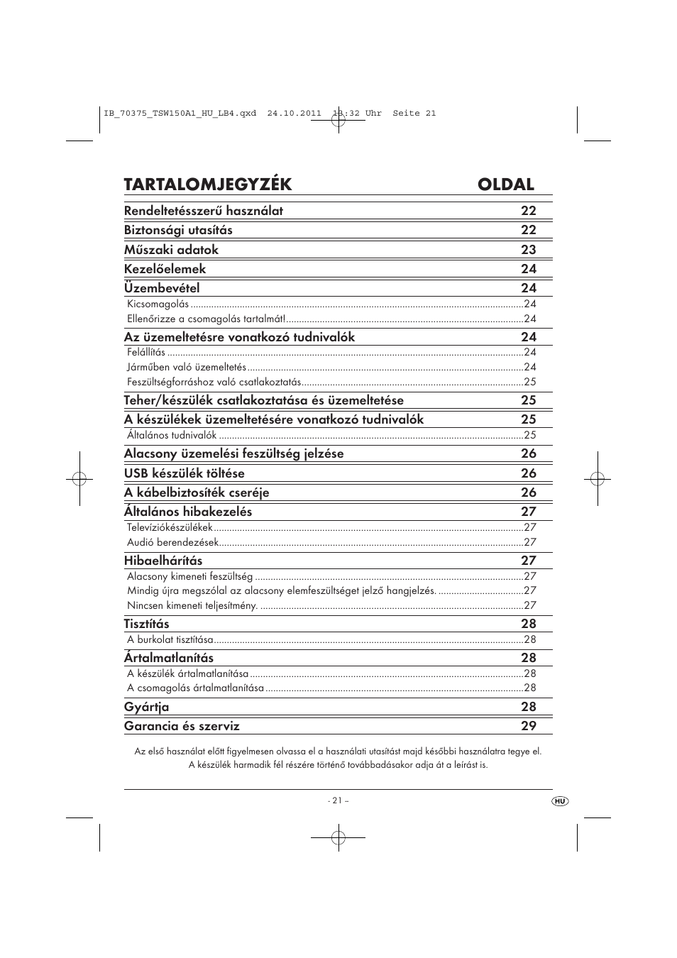 Tartalomjegyzék oldal | Tronic TSW 150 A1 User Manual | Page 23 / 72