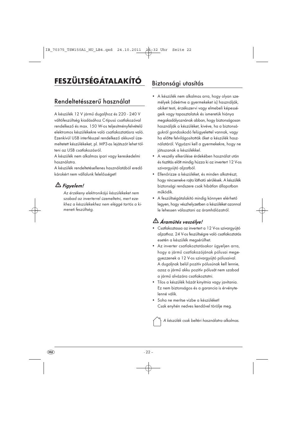 Feszültségátalakító, Rendeltetésszerű használat, Biztonsági utasítás | Tronic TSW 150 A1 User Manual | Page 24 / 72