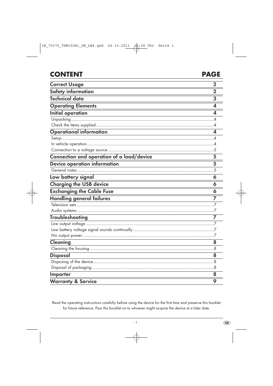 Content page | Tronic TSW 150 A1 User Manual | Page 3 / 72