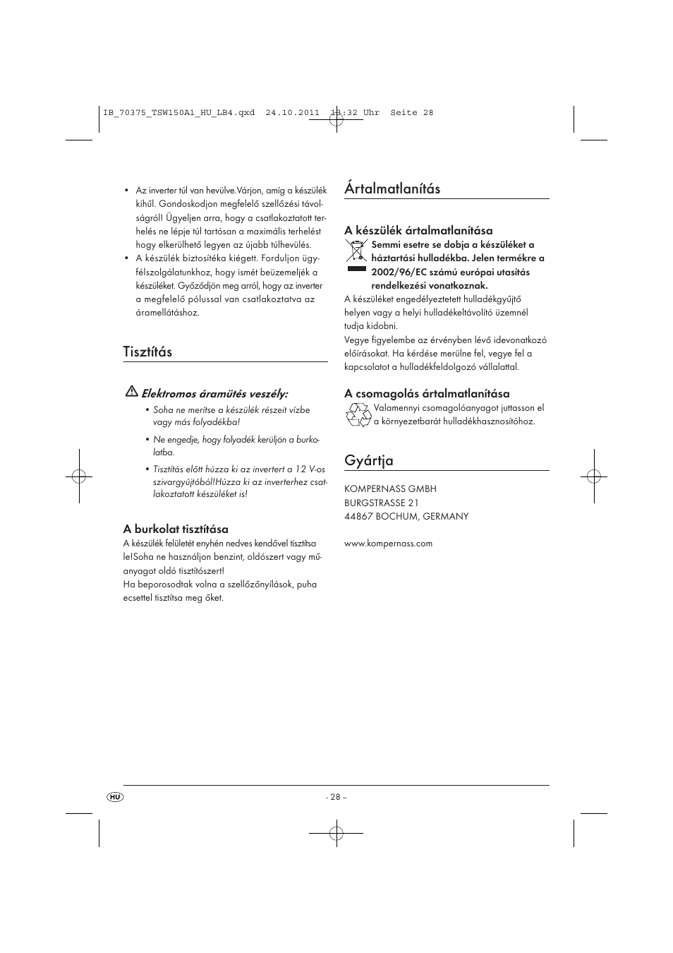 Tisztítás, Ártalmatlanítás, Gyártja | Tronic TSW 150 A1 User Manual | Page 30 / 72