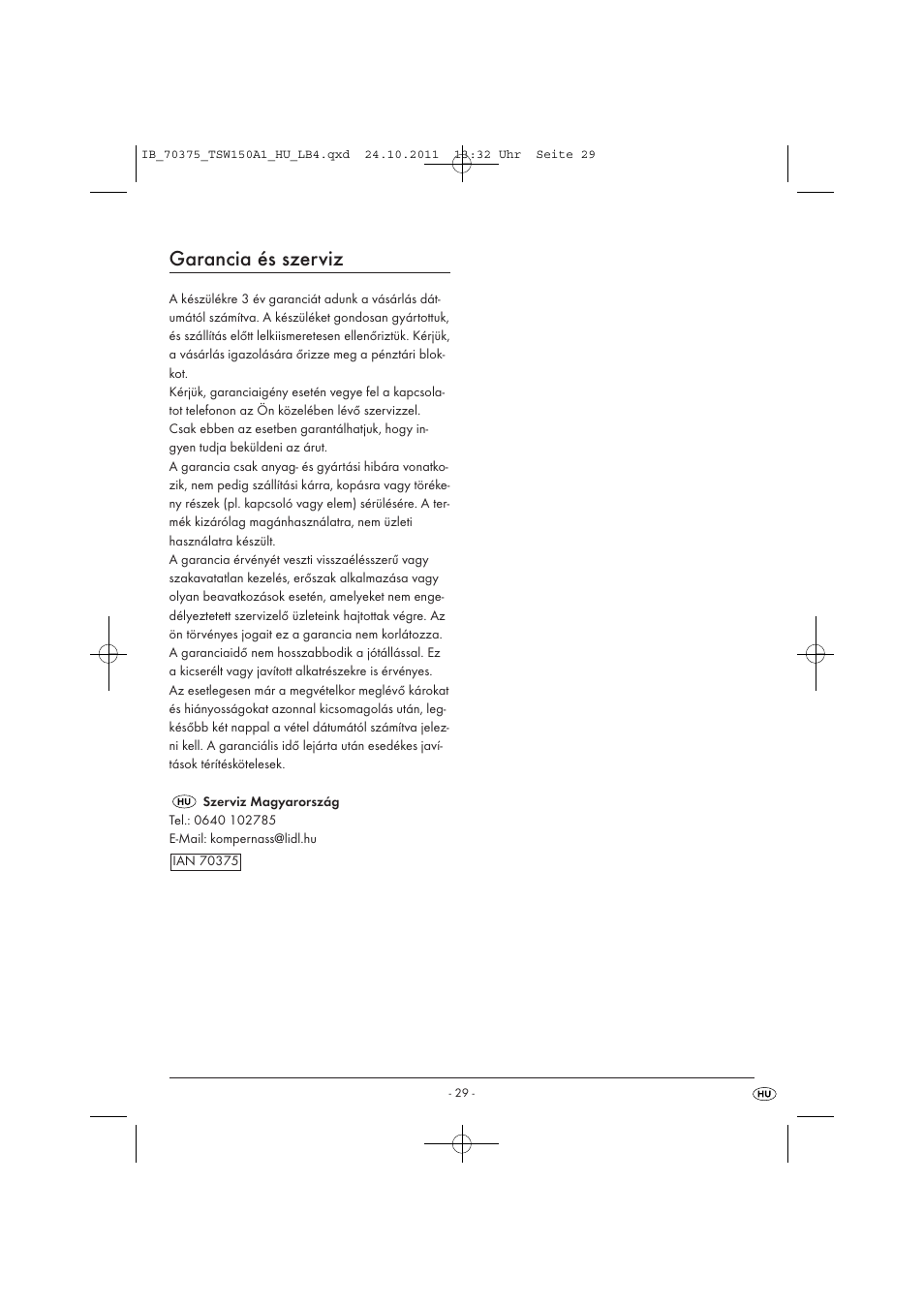 Garancia és szerviz | Tronic TSW 150 A1 User Manual | Page 31 / 72