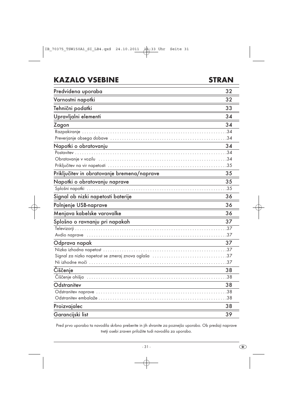 Kazalo vsebine stran | Tronic TSW 150 A1 User Manual | Page 33 / 72