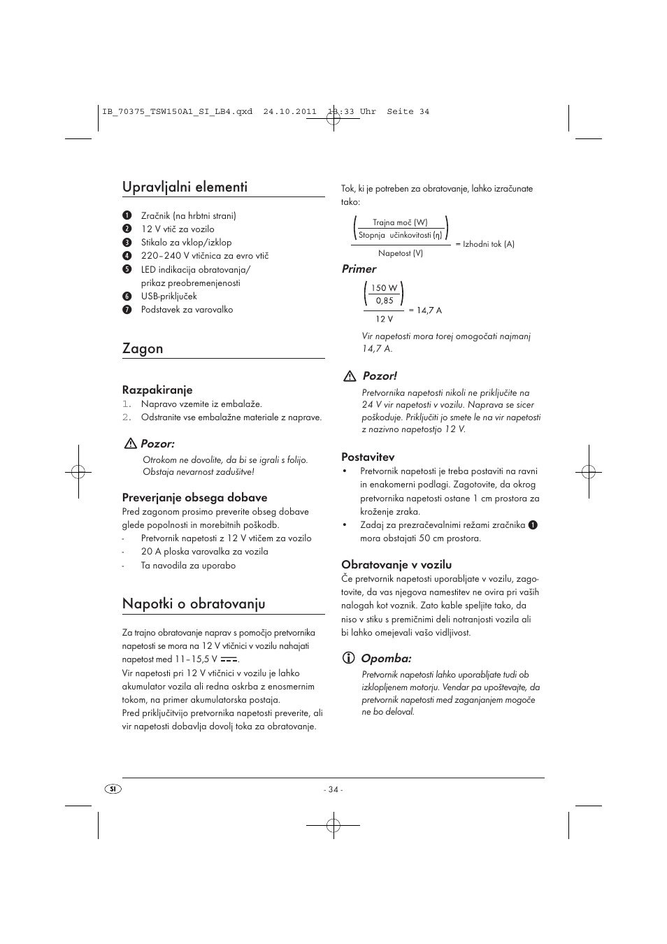 Upravljalni elementi, Zagon, Napotki o obratovanju | Tronic TSW 150 A1 User Manual | Page 36 / 72