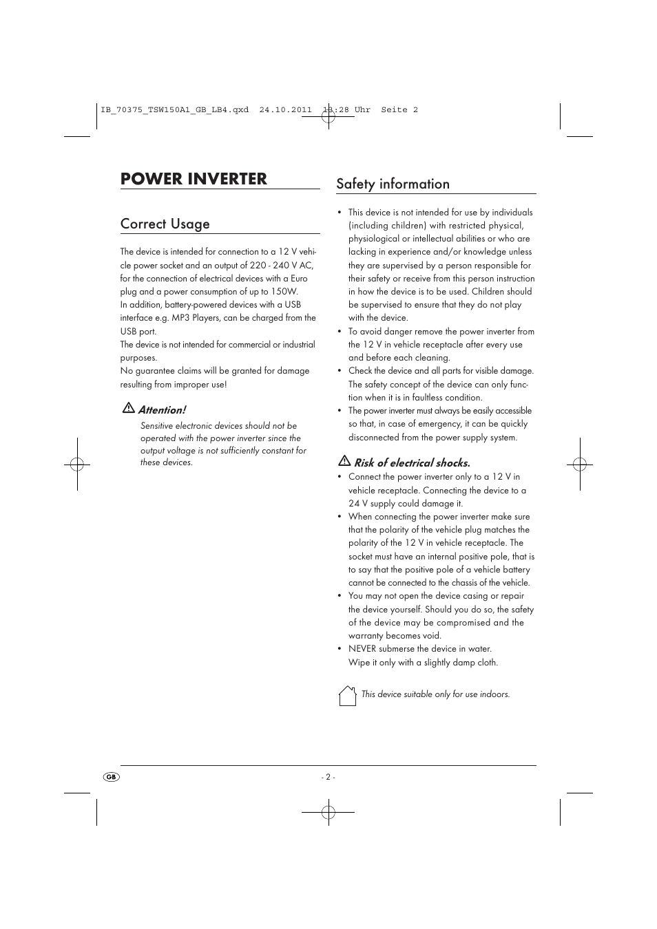 Power inverter, Correct usage, Safety information | Tronic TSW 150 A1 User Manual | Page 4 / 72