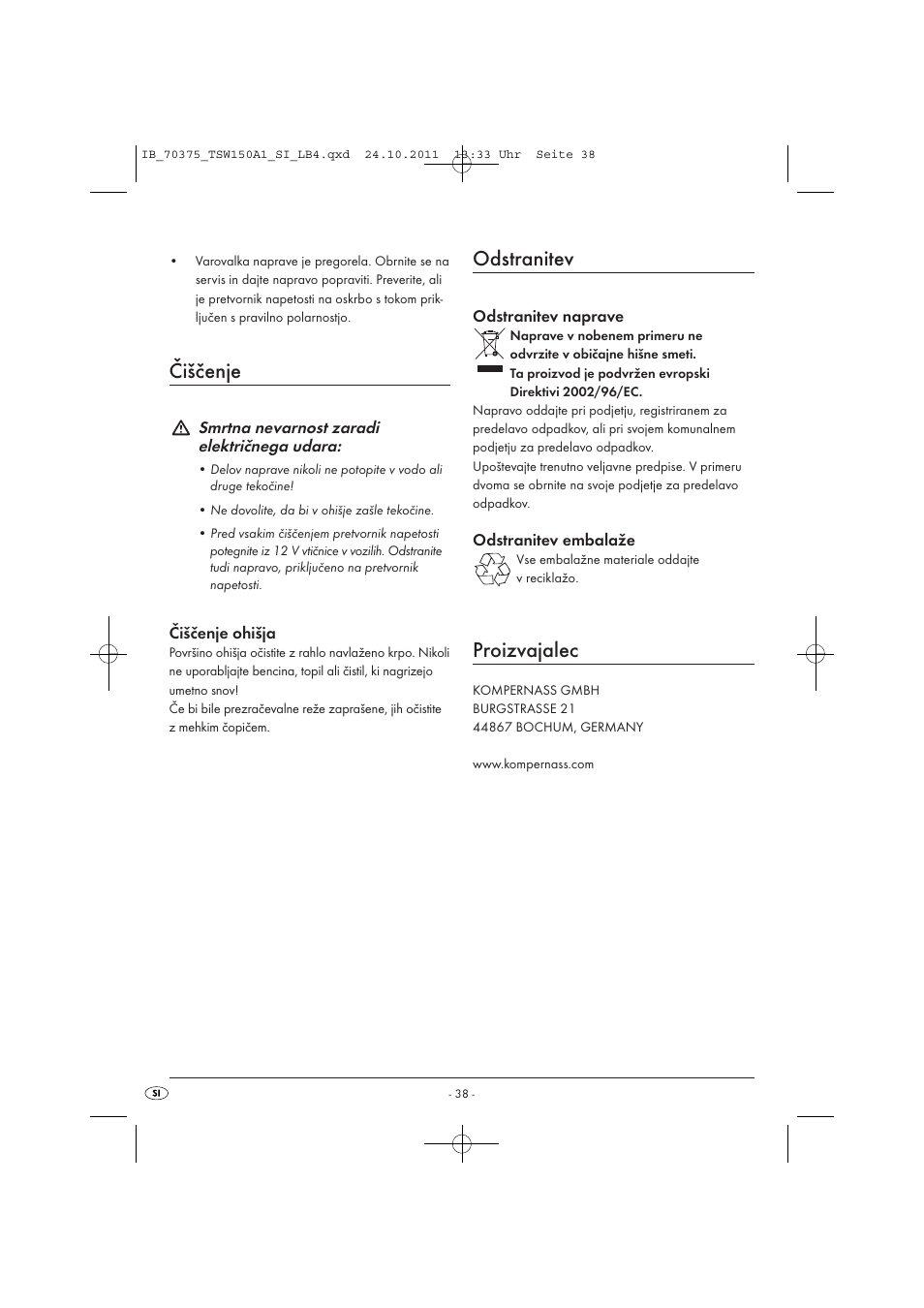 Čiščenje, Odstranitev, Proizvajalec | Tronic TSW 150 A1 User Manual | Page 40 / 72