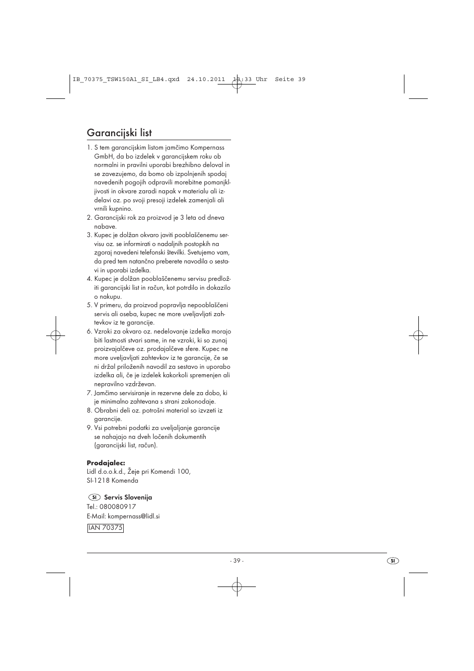 Garancijski list | Tronic TSW 150 A1 User Manual | Page 41 / 72