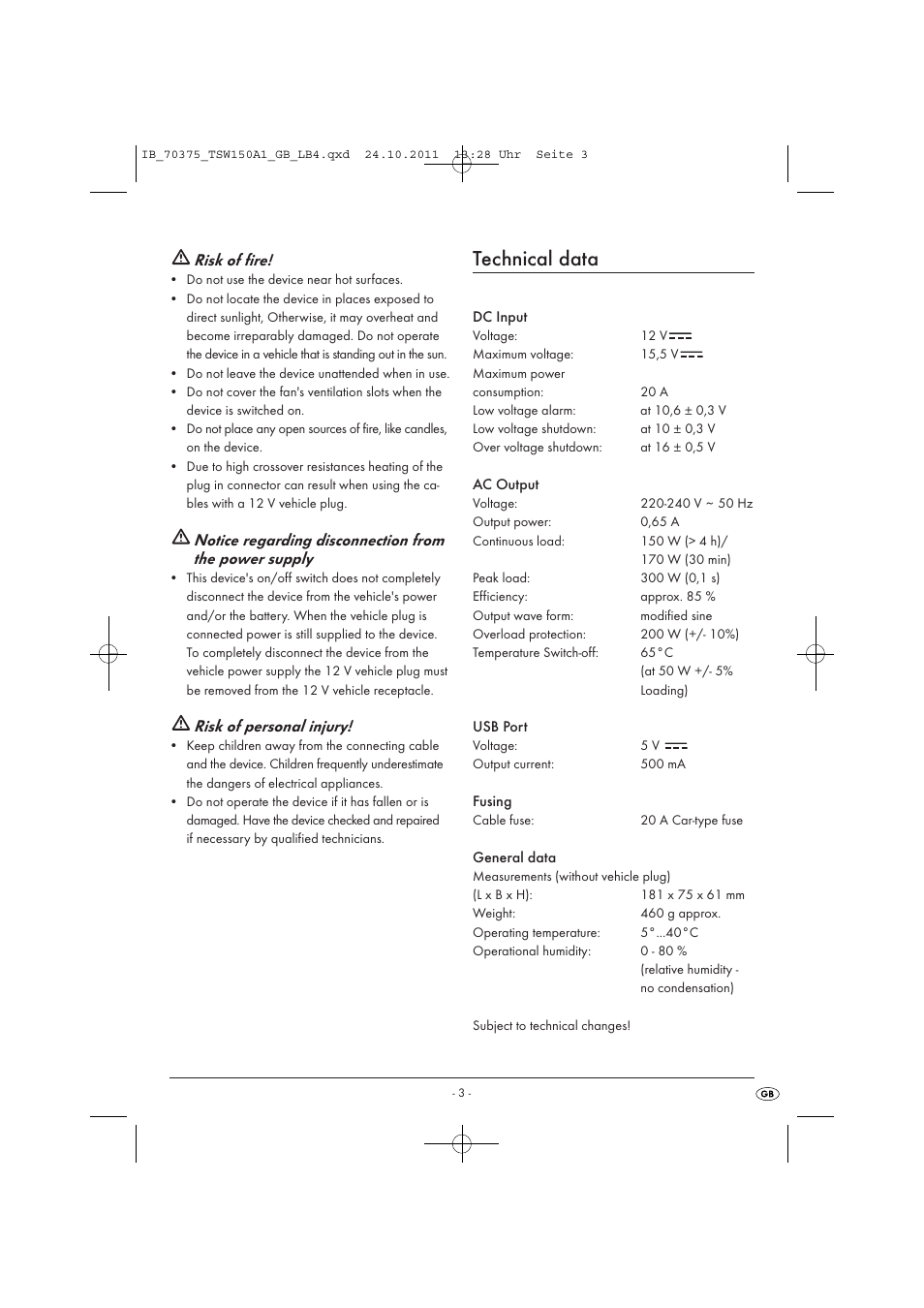 Technical data, Risk of fire, Risk of personal injury | Tronic TSW 150 A1 User Manual | Page 5 / 72