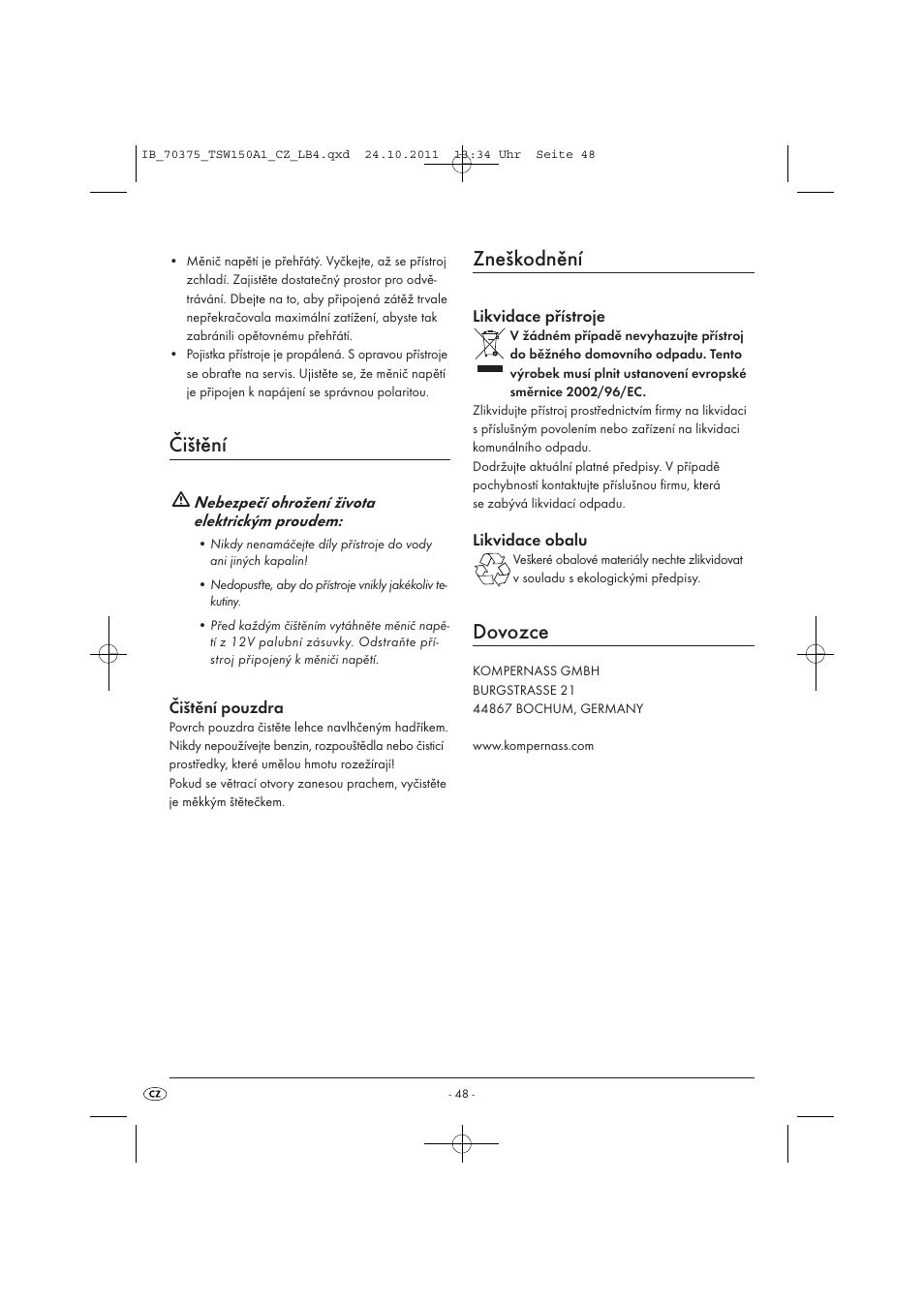 Čištění, Zneškodnění, Dovozce | Tronic TSW 150 A1 User Manual | Page 50 / 72