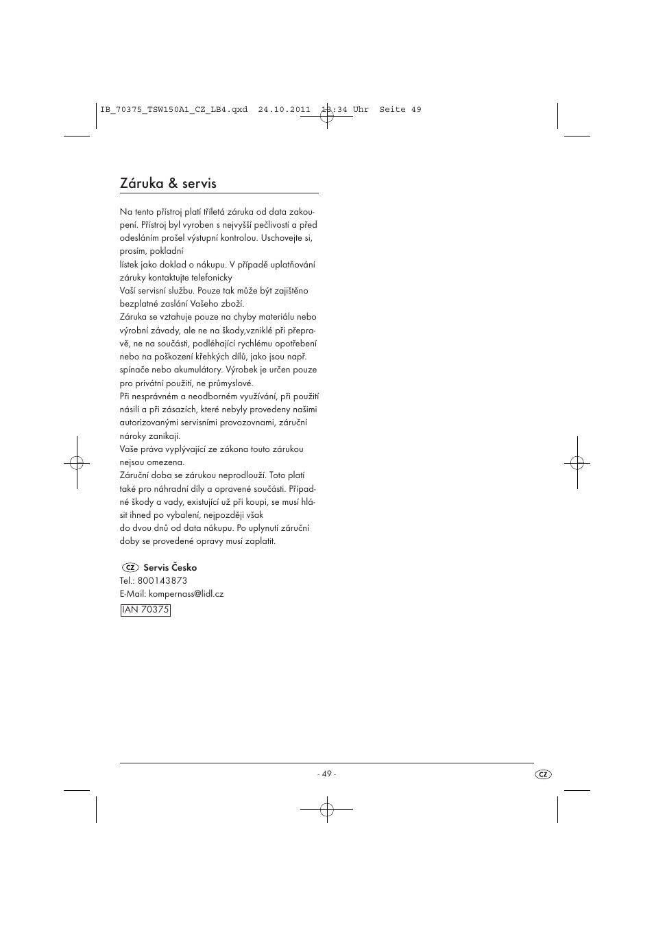 Záruka & servis | Tronic TSW 150 A1 User Manual | Page 51 / 72