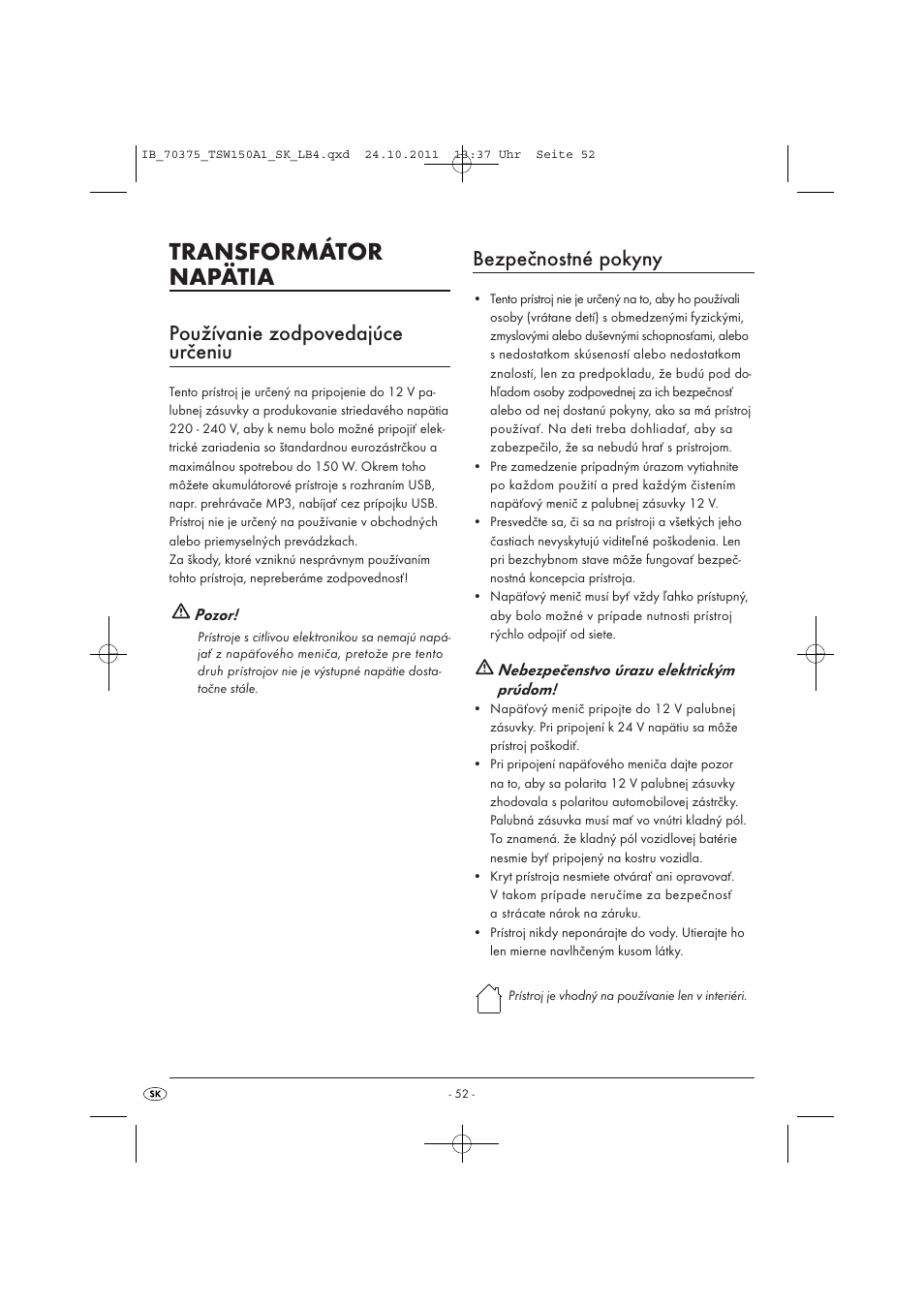 Transformátor napätia, Používanie zodpovedajúce určeniu, Bezpečnostné pokyny | Tronic TSW 150 A1 User Manual | Page 54 / 72