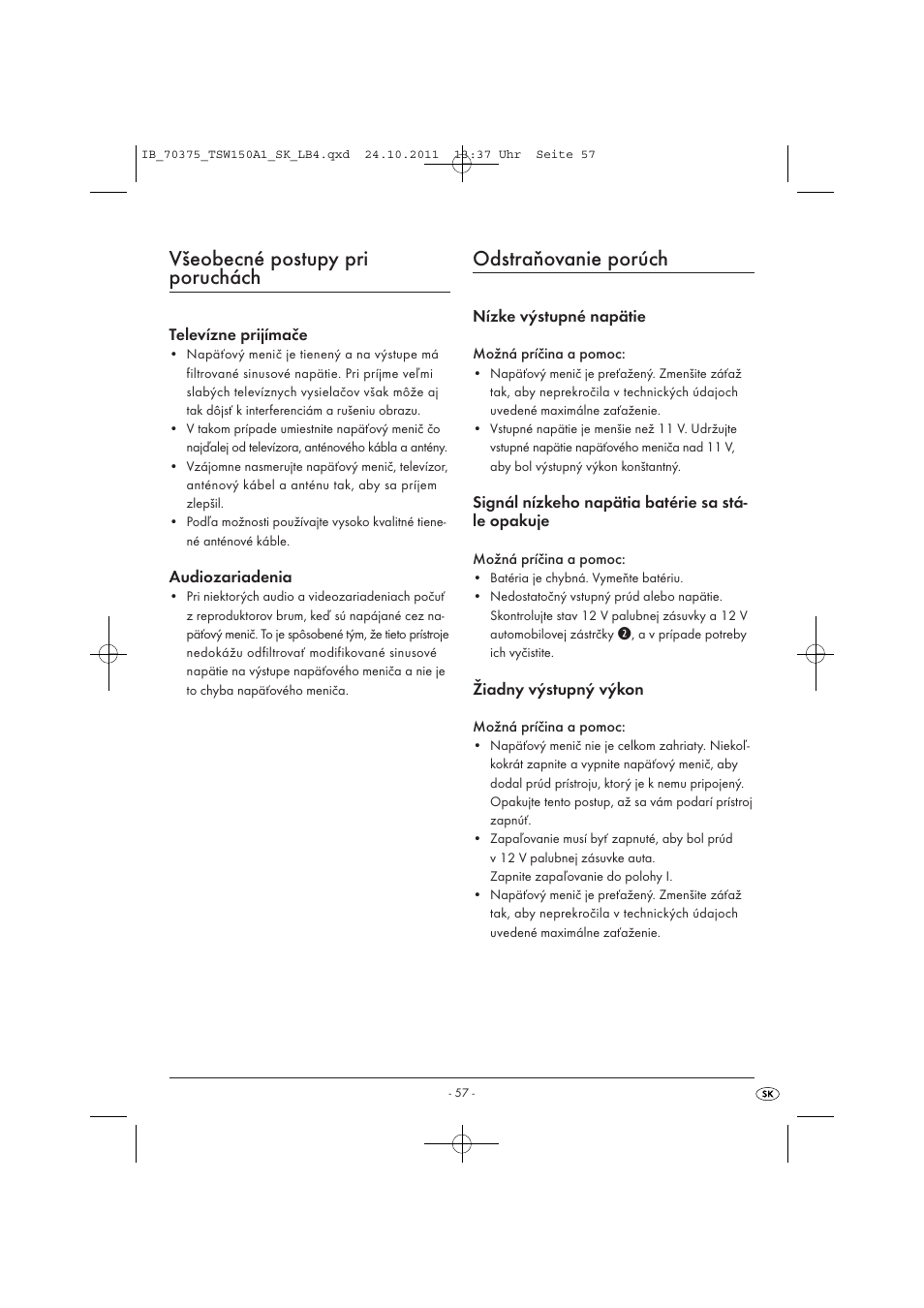 Všeobecné postupy pri poruchách, Odstraňovanie porúch | Tronic TSW 150 A1 User Manual | Page 59 / 72