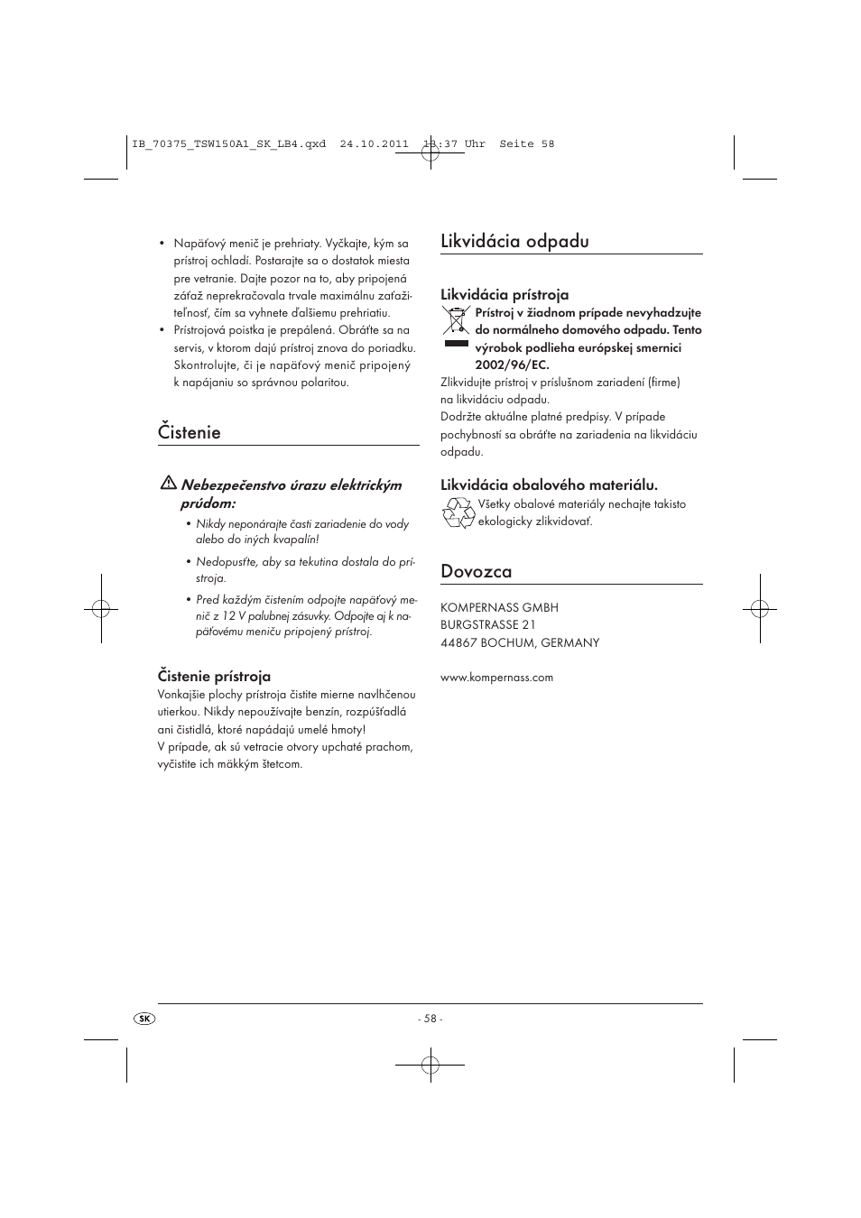 Čistenie, Likvidácia odpadu, Dovozca | Tronic TSW 150 A1 User Manual | Page 60 / 72