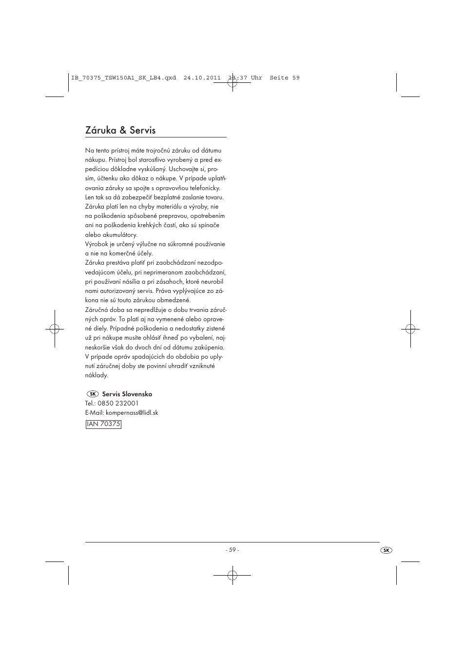 Záruka & servis | Tronic TSW 150 A1 User Manual | Page 61 / 72