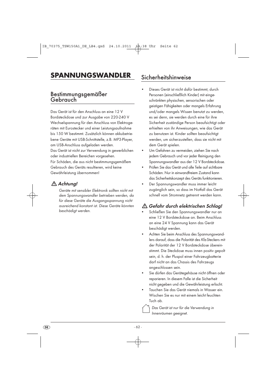 Spannungswandler, Bestimmungsgemäßer gebrauch, Sicherheitshinweise | Tronic TSW 150 A1 User Manual | Page 64 / 72