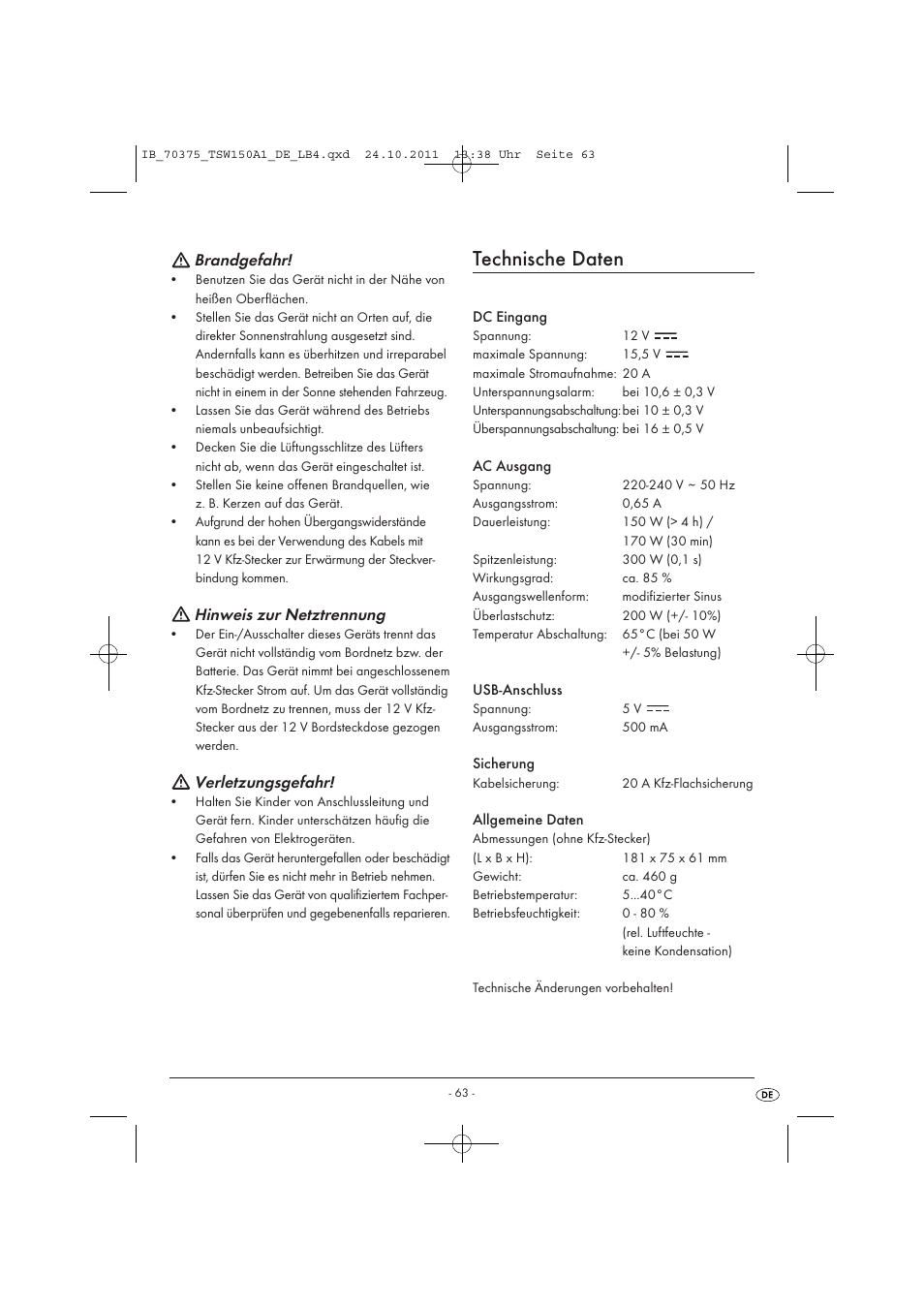 Technische daten, Brandgefahr, Hinweis zur netztrennung | Verletzungsgefahr | Tronic TSW 150 A1 User Manual | Page 65 / 72